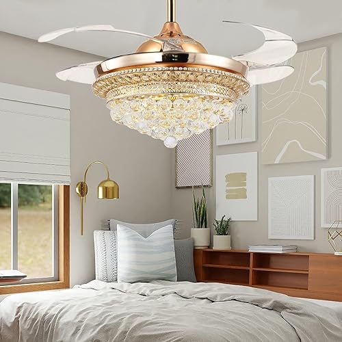 Miniatura 2 de Candelabro de techo moderno de cristal de 42 pulgadas, control remoto LED de 3 colores, cuchillas invisibles retráctiles, 3 velocidades, kits de luz