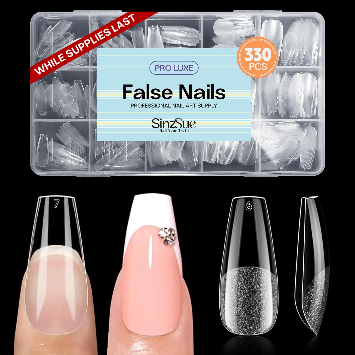 Medium Coffin Soft‑Gel Nail Tips, Semi‑Clear Pre‑Buffed 330Pcs 15 Sizes