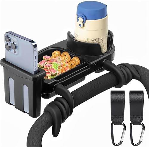Bandeja universal para refrigerios para cochecito, bandeja universal 3 en 1 para cochecito con soporte para teléfono con 2 ganchos, flexible con