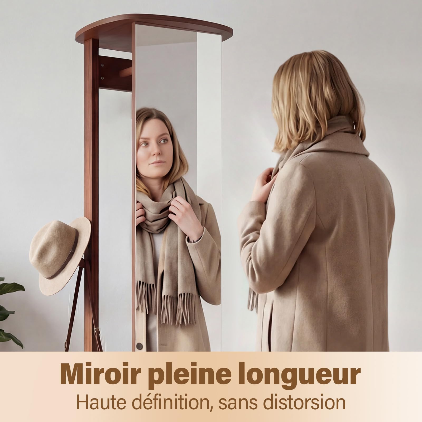 COSTWAY Miroir sur Pied, Grand Miroir avec Porte-Manteau, Base Pivotante à 360°, Cadre en Bois Massif, 2 Étagères de Rangement, 4 Crochets, Barre, pour Chambre Salon (48 x 48 x 168 cm,Noyer)