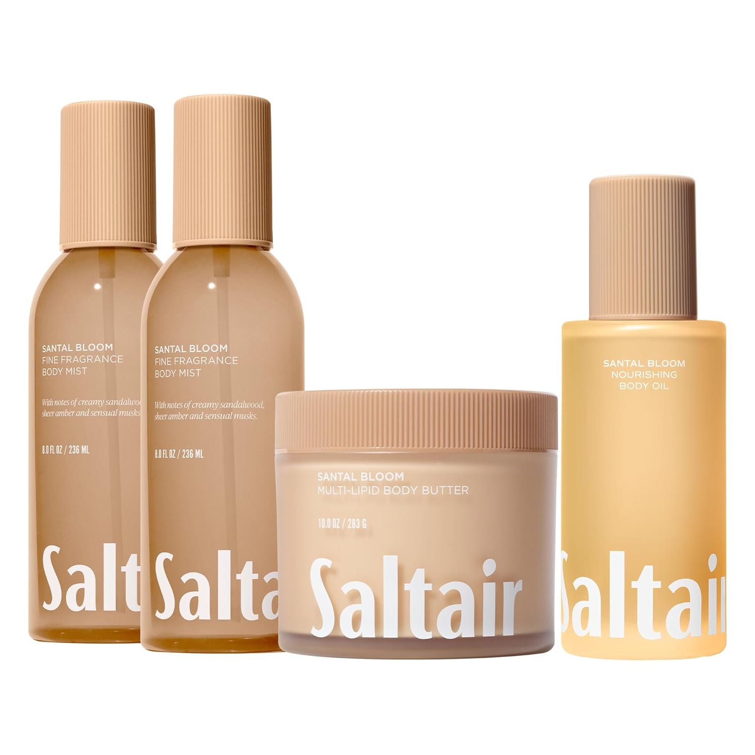 Saltair Mist & Moisturize 4pc Set with Body Oil, 2-Pack Body Mist Spray, and Body Butter. Hydrating After-Shower Moisturizer and Fine Fragrance Perfume Mist - Santal Bloom Scent