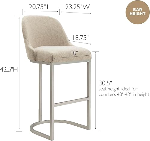 Miniatura 3 de Leick Home 10133PW/OL Taburete de bar con base de metal, juego de 2, para encimeras de cocina elevadas, mesas altas y bares, asiento moderno de lino