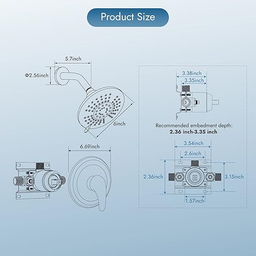 Miniatura 8 de Cinwiny Kit de moldura de ducha de baño de bronce aceitado con válvula de equilibrio de presión, montaje en pared, cabezal de ducha de 5 rociadores