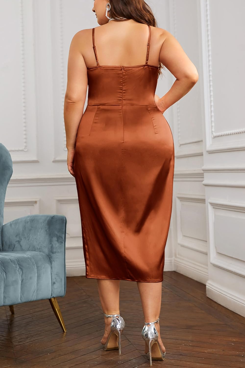 KIMCURVY Women's Plus Size Satin Dress Ruched Spaghetti Strap Cowl Neck Midi Party Cami Dress for Cocktail Party - Image 3