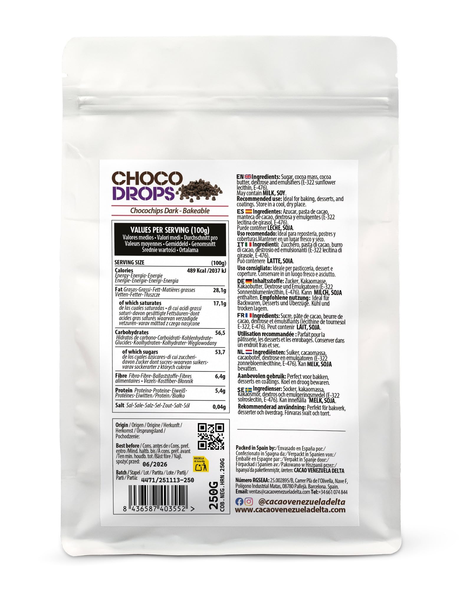 Cacao V Delta Pepitas de Chocolate Negro 250g Para Repostería Chips de Chocolate 46% Cacao No GMO Sin Gluten