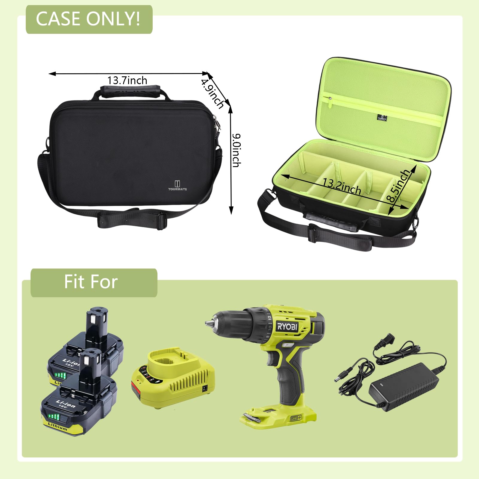 Tourmate Custodia rigida per RYOBI ONE+ 18V Cordless 1/2" Drill PCL206B - Custodia da viaggio per RYOBI ONE+ 18V Cordless 1/4"/18V, 3/8" (scatola in vendita) (nero e verde, M)