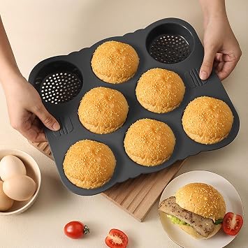 Hamburger Bun Pan,8 Cavity Non Stick Silicone Bread Loaf Pan Perforated Hamburger Bun Molds Baking Pan for Homemade Buns, Gavigain8mqyrwedg9