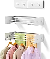 Vista 8 de Mejora Perchero de Secado de Ropa, Perchero de 80 cm de Secado de Ropa Montado en la Pared, Plegable, 5 Varillas de Aluminio con 6 Ganchos, Perchero