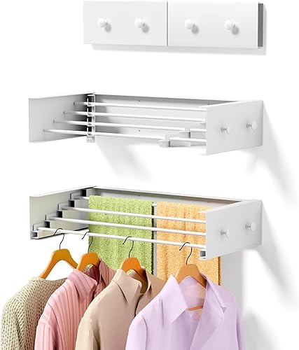 Vista 22 de Escurridor plegable para ropa sucia, montado en la pared, 31.5 pulgadas de ancho, 13.2 pies lineales, 5 varillas de aluminio, capacidad de 60