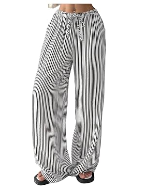 SOLY HUX Womens Striped Pants Drawstring Elastic Waist Straight Leg Baggy Casual Trousers
