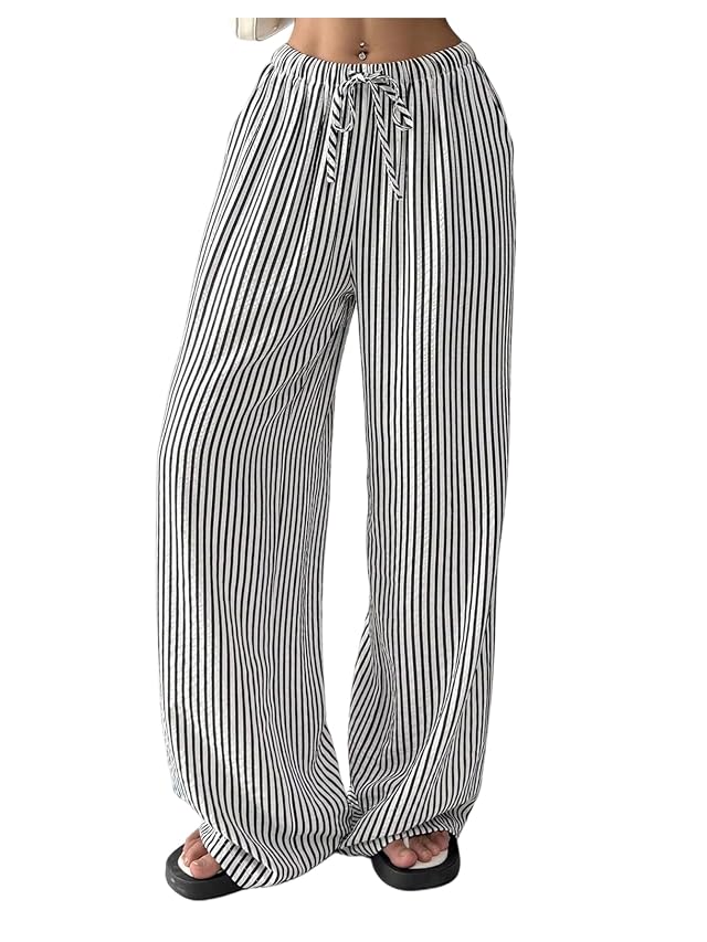 SOLY HUX Womens Striped Pants Drawstring Elastic Waist Straight Leg Baggy Casual Trousers
