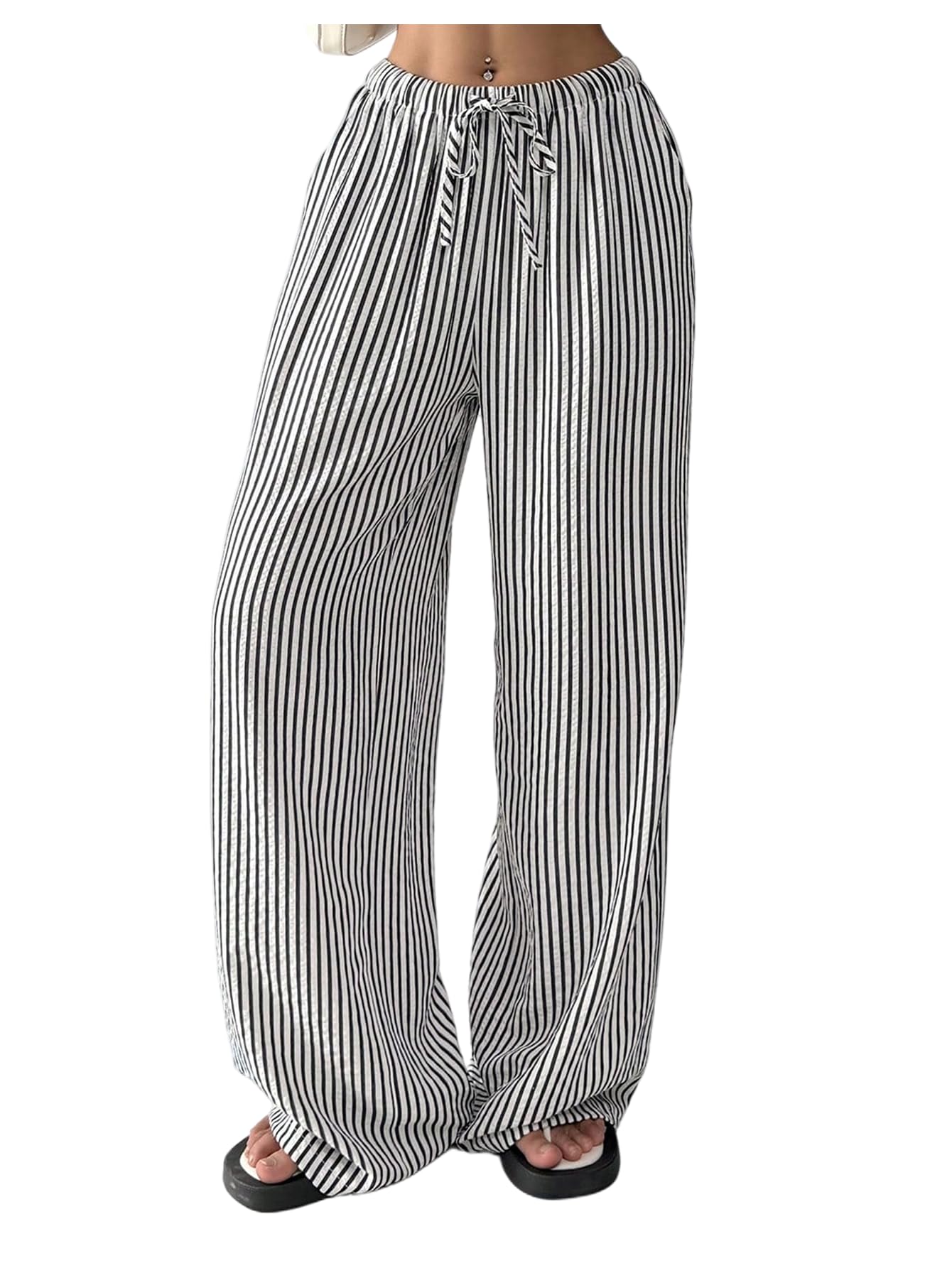 SOLY HUX Womens Striped Pants Drawstring Elastic Waist Straight Leg Baggy Casual Trousers