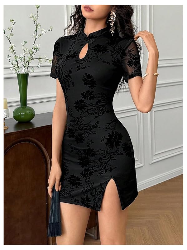 WDIRARA Women's Frog Buttons Cheongsam Dress Mesh Side Slit Mini Dress by WDIRARA - Used condition - Image 6
