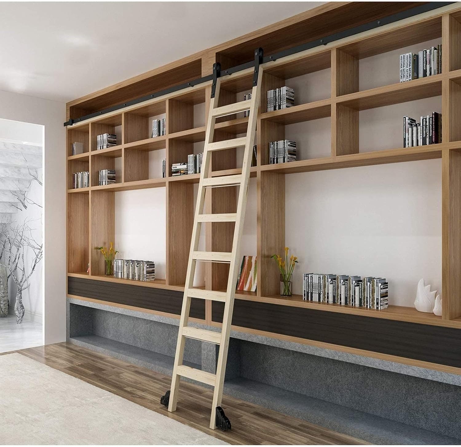 Sliding Ladder Hardware Full Set Library Rolling Ladder Track Kit, Floor Wheels with Brakes, Carbon Steel Round Track/Rail, for Home/Indoor/Loft/Library, Easy to Install (Size : 300cm(9.8 ft