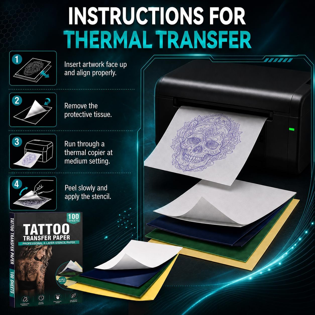 100 Sheets Tattoo Transfer Paper, Thermal Stencil Paper for Tattooing