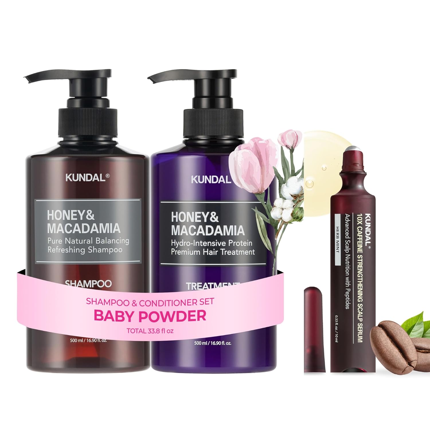 KUNDAL Shampoo/Conditioner + Hair Loss Serum Set, Sulfate Free Moisture Care, Caffeine Scalp Strengthening, Korean Hair Care + Baby Powder, 16.9 fl oz x2 + 0.33 fl oz