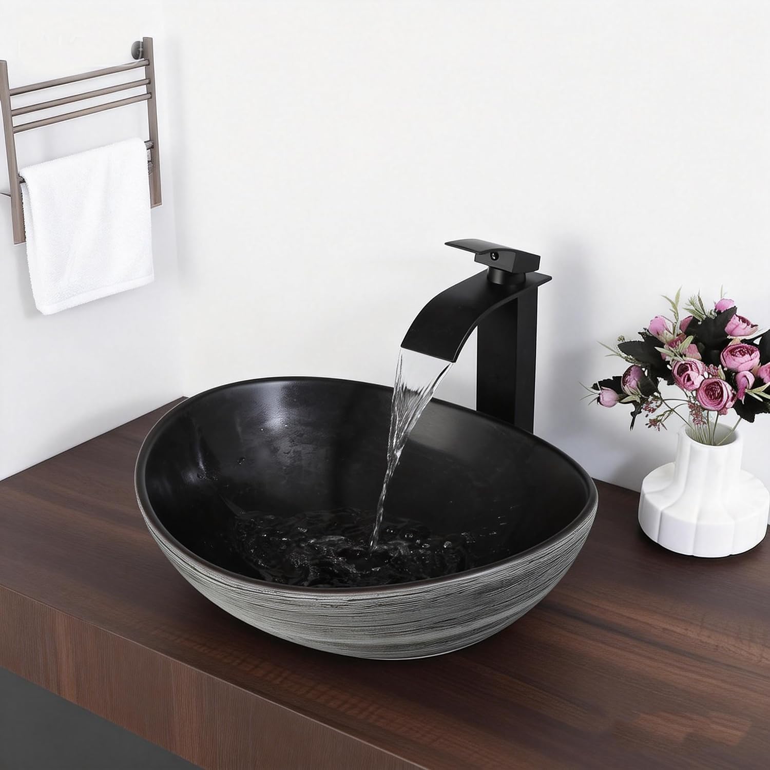 16"x14" Oval Vessel Sink with Waterfall Faucet and Pop-up Drain Bathroom Sinks Ceramic Above Counter Bowl Sink Balck Bathroom Sink
