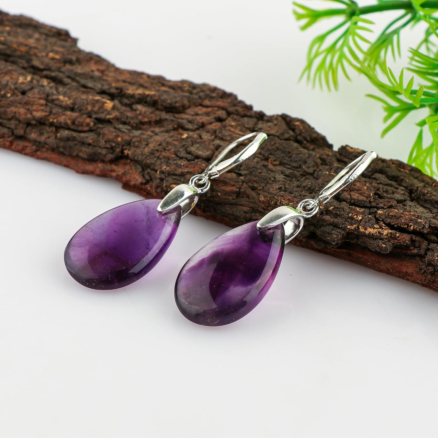 Natural Amethyst Gemstones Earrings, 925 Sterling Silver, Dangling Crystal Cabochon Earring, February Birthstone, Amethyst Jewelry, Bridal Handmade Earrings for Women - Image 2