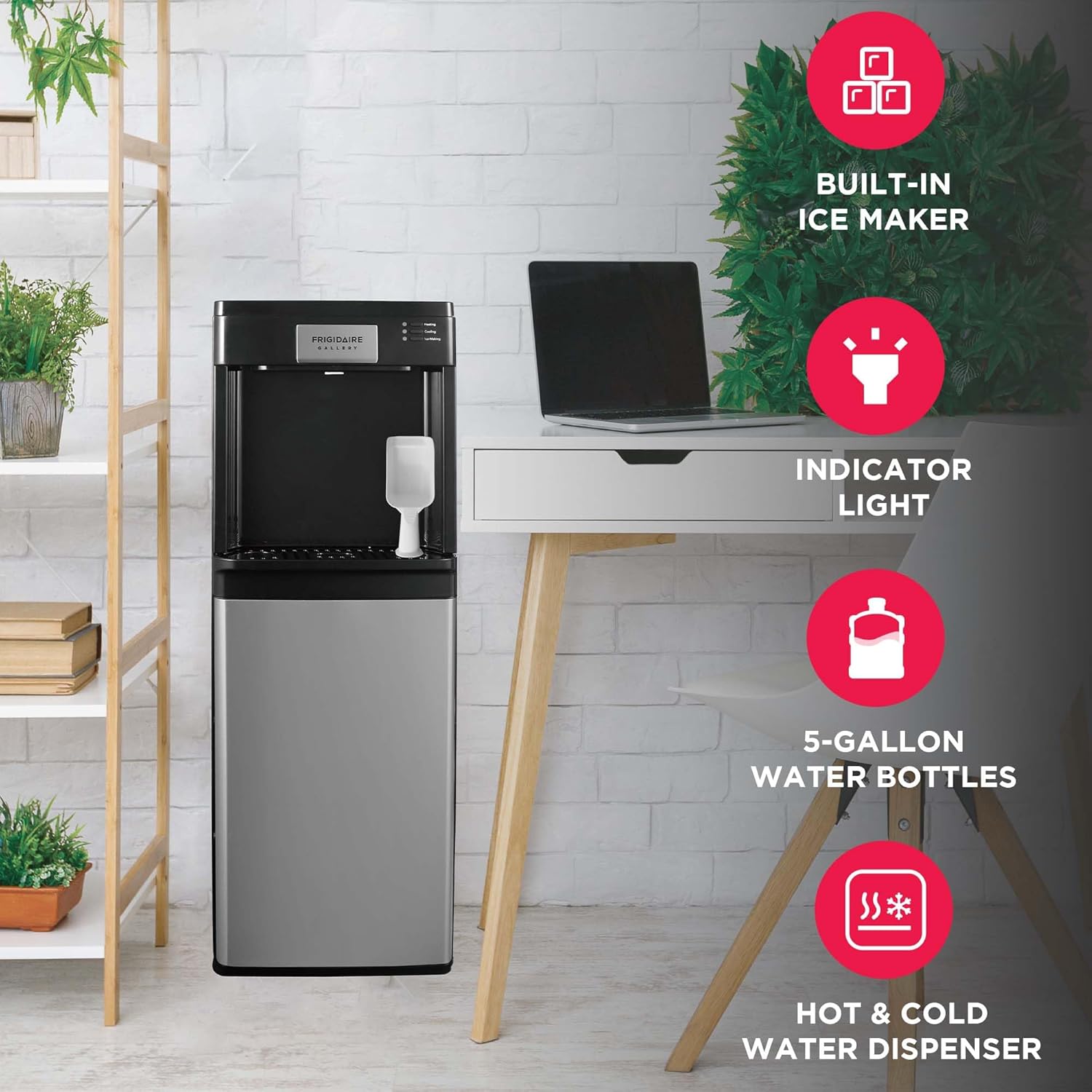 Frigidaire 3-in-1 Ice & Water Machine – Hot or Cold Bottom-Load Water Cooler Dispenser for 5 Gal Bottle – Built-in Bullet Ice Maker