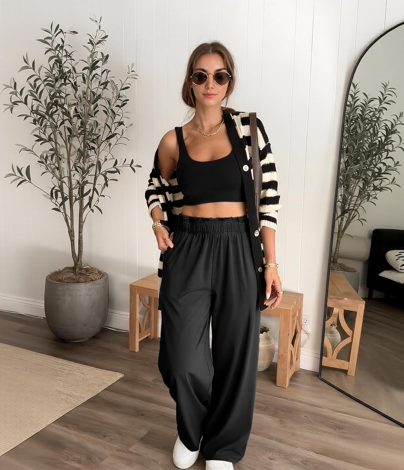 YOAKUKA Women's Wide Leg Pants Casual Elastic Waist Trousers Loose Flowy High Waisted Yoga Pants with Pockets - Image 3