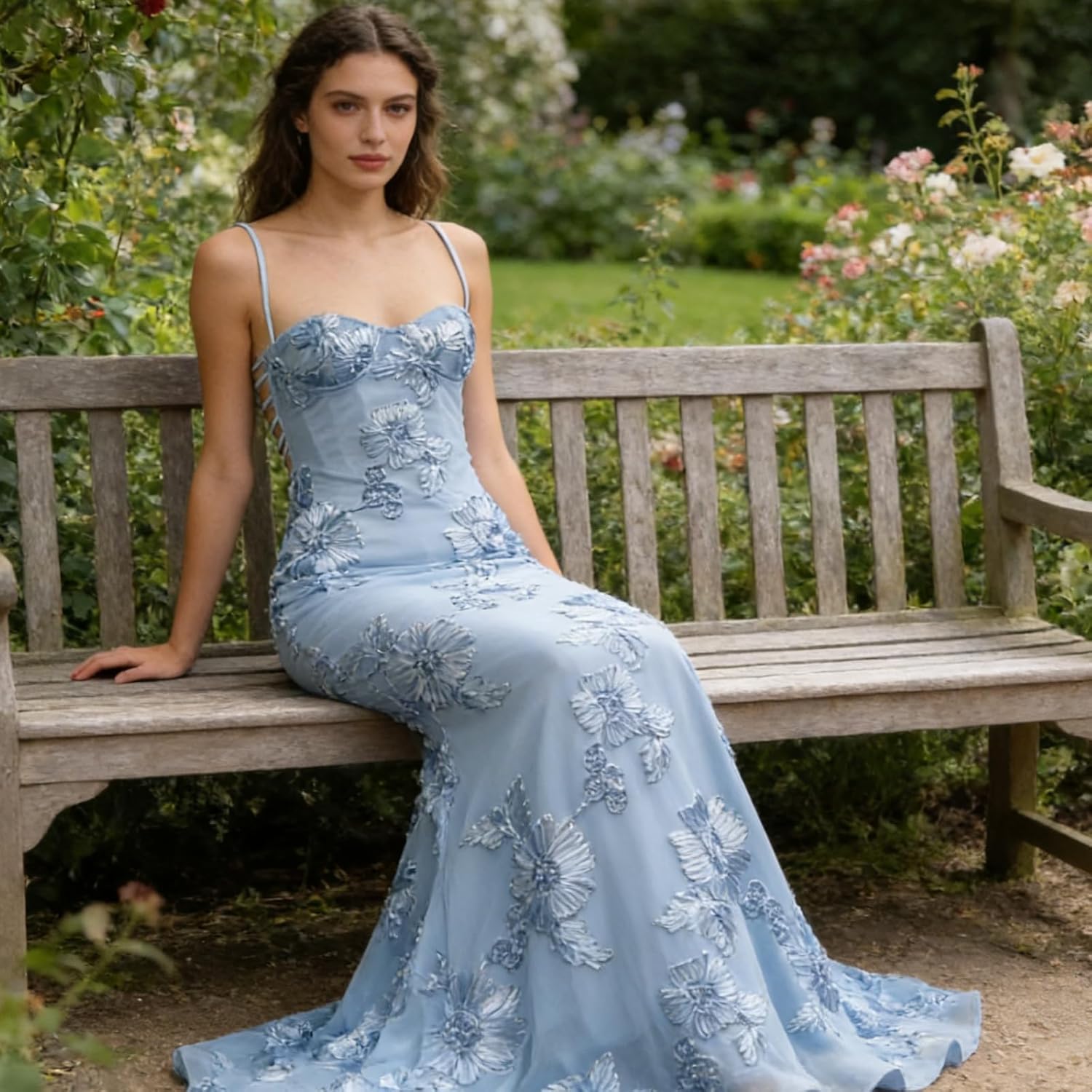 Floral Embroidery Tulle Bridesmaid Dresses for Women, Lace Up Spaghetti Straps Mermaid Corset Formal Prom Dress