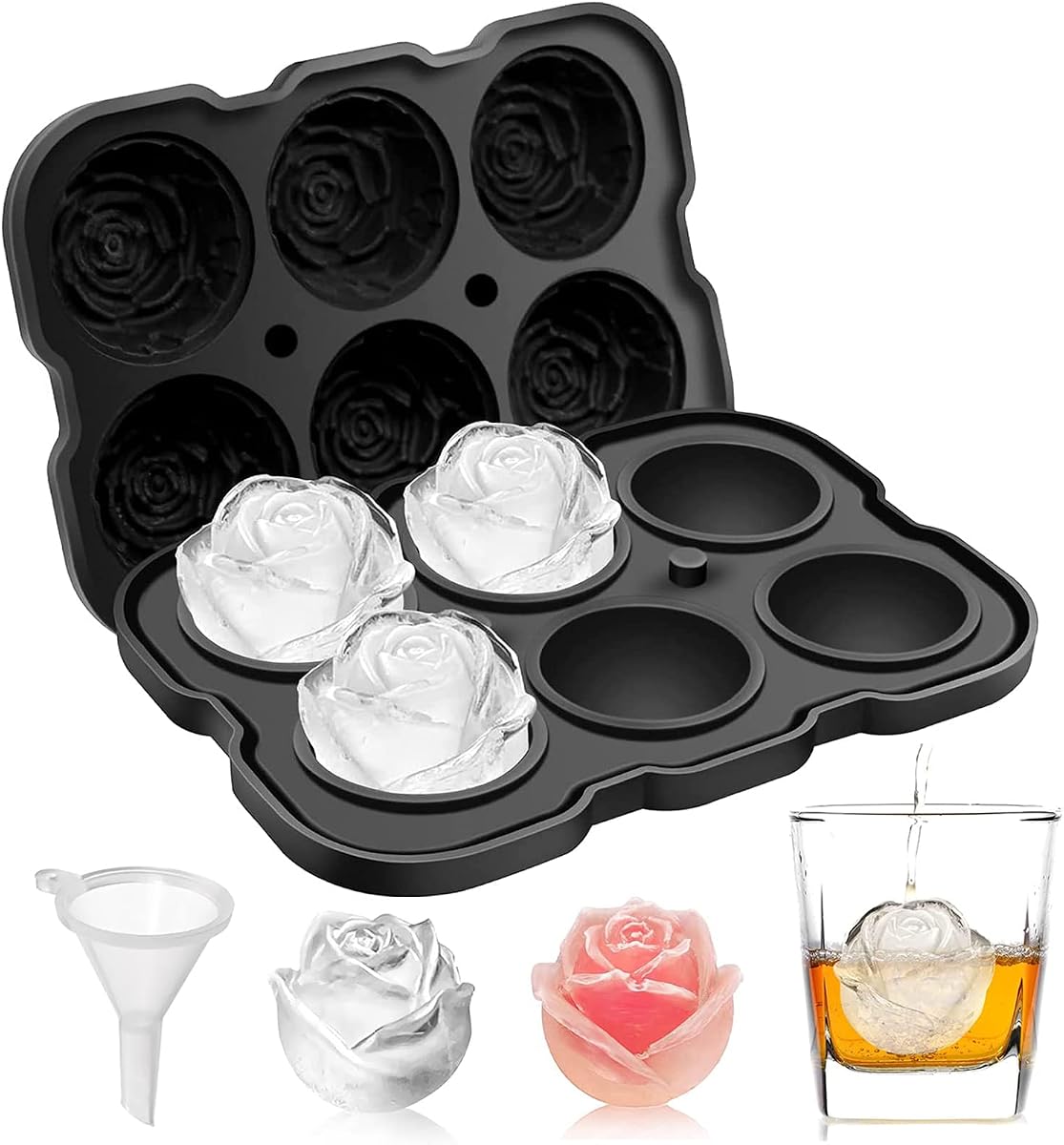 Bandeja para cubitos de hielo, molde para hielo Mikiwon Rose de 2 pulgadas con tapa [1 molde + 1 embudo] | Molde grande de silicona para cubitos de hielo de fácil liberación, 6 cavidades, para cócteles, whisky, vino, bourbon, bebidas y jugos, forma de rosa (negro)