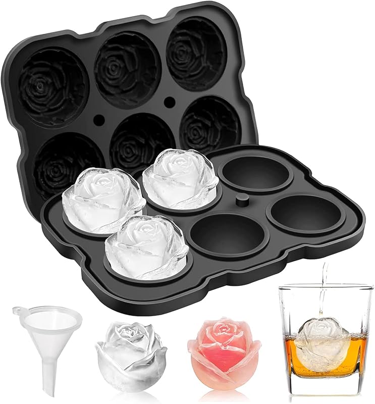 Bandeja para cubitos de hielo, molde para hielo Mikiwon Rose de 2 pulgadas con tapa [1 molde + 1 embudo] | Molde grande de silicona para cubitos de hielo de fácil liberación, 6 cavidades, para cócteles, whisky, vino, bourbon, bebidas y jugos, forma de rosa (negro)