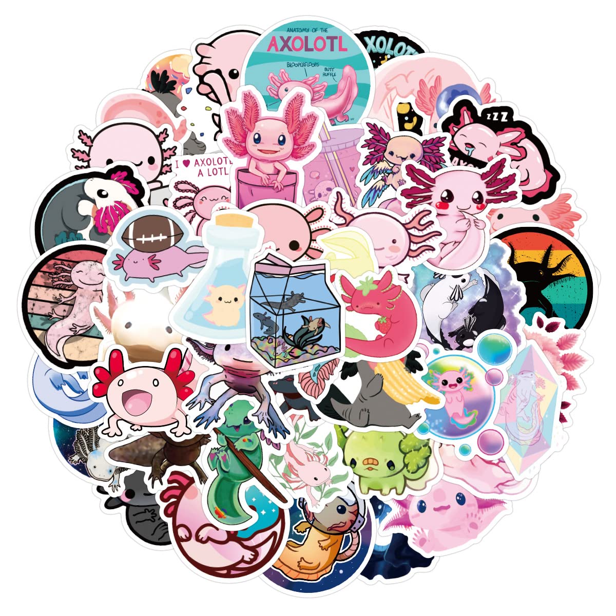 KINGMAOSHEN 50PCS Cute Animal Axolotl Stickers for Laptop and computer, Cute Cosmetic Waterproof Vinyl stickers for Water Bottle Hydro Flask Car Bumper Luggage,Cute Graffiti Decals for Kids Girls