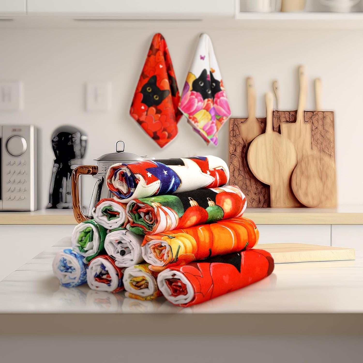 20 Pcs Holiday Kitchen Towels Seasonal Decorative Hand Towels Set Christmas Dish Cloths Winter Valentine's Day 16 x 24 Colorful Wash Cloths with Hanging Loop(Black Cat) - Image 6