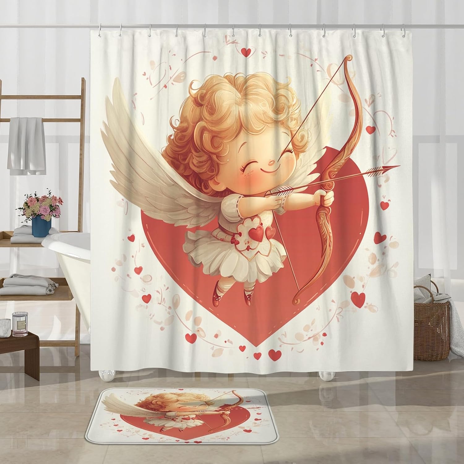 4PCS Cartoon Valentine's Day Angel Bathroom Accessory Sets with Non-Slip Rug, U Shape and Toilet Lid Cover Mat, Fun Cute Romantic Love Heart Bathroom Decorative-72''x72''