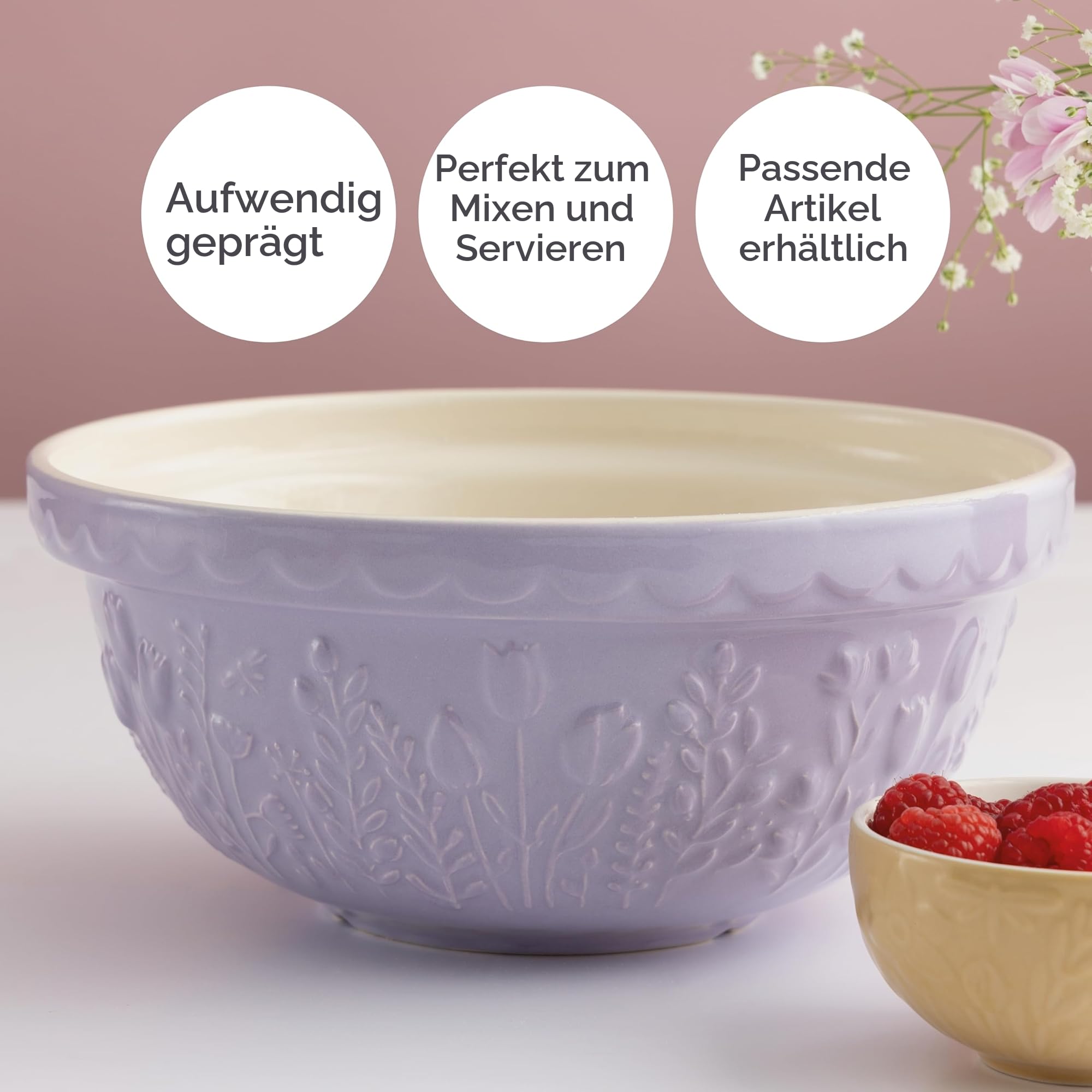 Mason Cash IN THE MEADOW Rührschüssel 2 Liter, Ø 24 cm, Steingut | Teigschüssel, Blumenmotiv, lavendel, spülmaschinenfest, splitterresistent, mikrowellengeeignet, gefriergeeignet