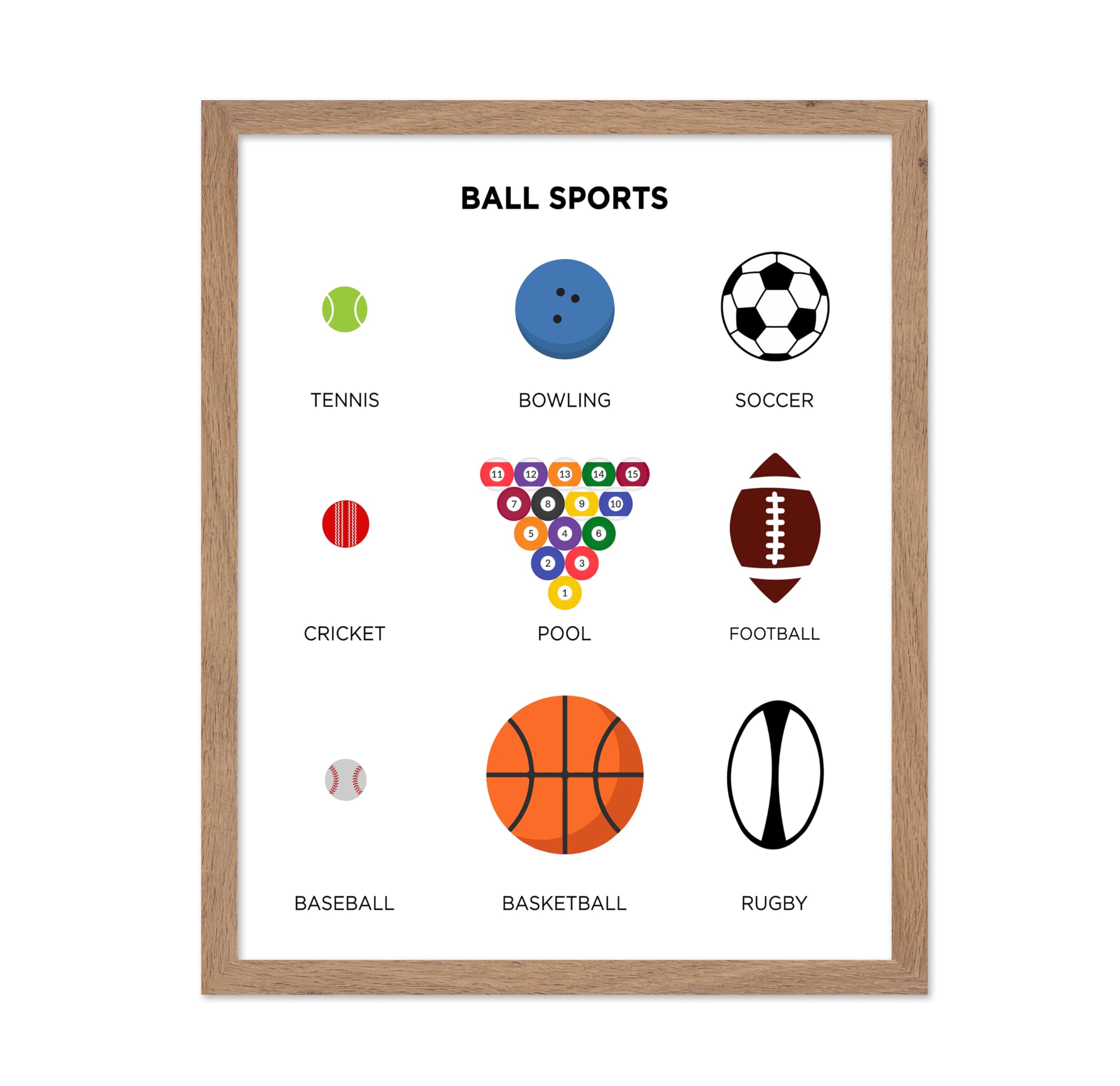 Poster Master Poster sportivo con palla, stampa con palla, arte sportiva, pallacanestro, arte calcistica, arte del baseball, arte biliardo, bowling, sala giochi o camera dei bambini, con cornice