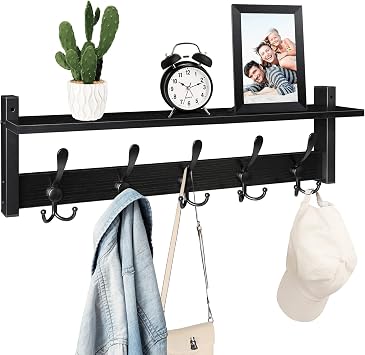 Homode Coat Rack with Shelf, 24" Coat Hooks Wall Mounted with Shelf, Wooden Hanging Coat Hanger with Tri Hooks for Entryway, Bathroom, Mudroom, Bedroom, Black
