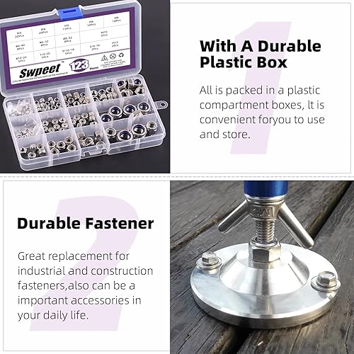 Vista 11 de Swpeet Juego surtido de 132 tuercas de seguridad y tuercas hexagonales SAE 304 de acero inoxidable 2 tipos, tuercas hexagonales de rosca gruesa