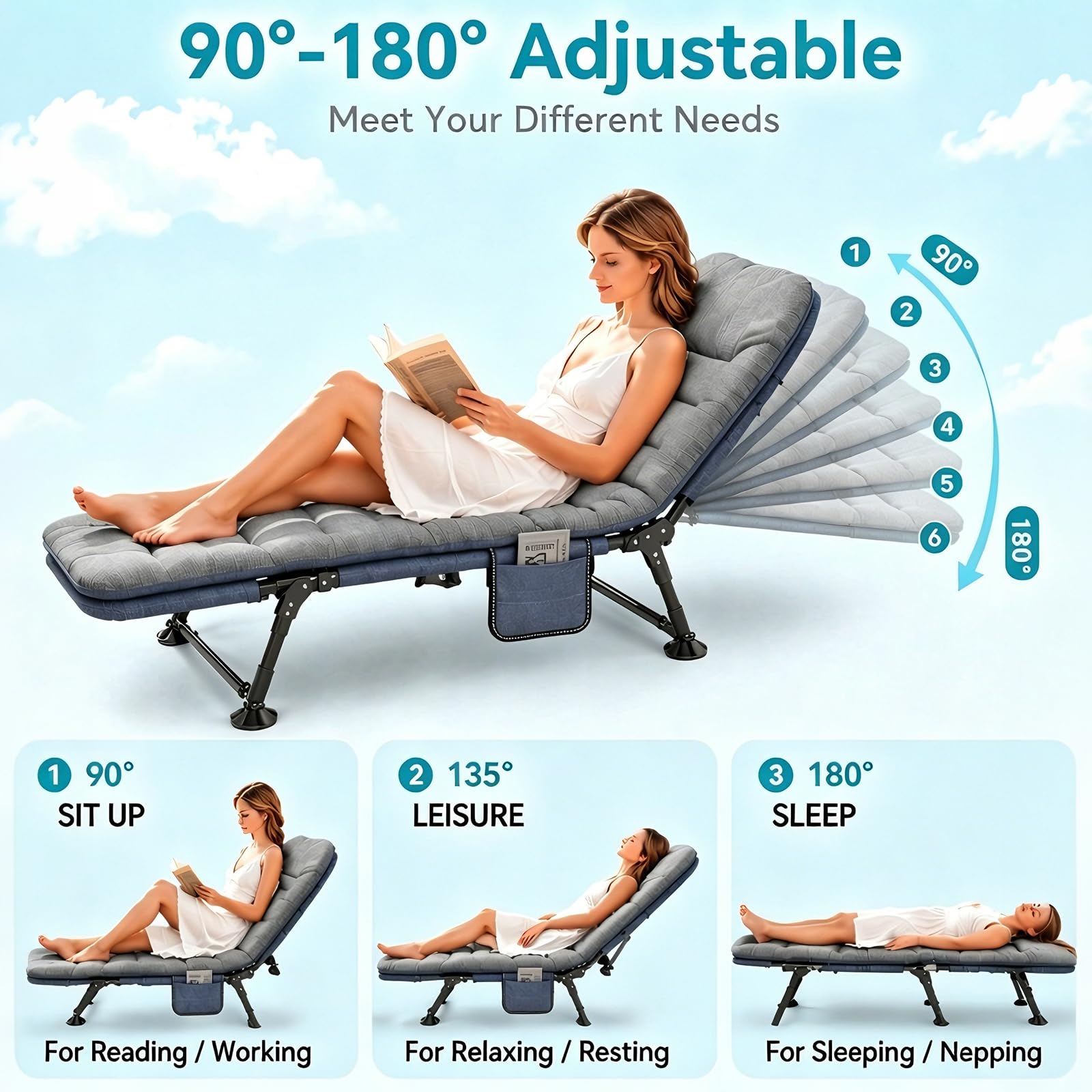 Letto da campeggio pieghevole con cuscino cervicale e tasca laterale, 190 x 65 x 30 cm, portata fino a 150 kg, pieghevole, leggero, scomparto regolabile, pieghevole per giardino, viaggi