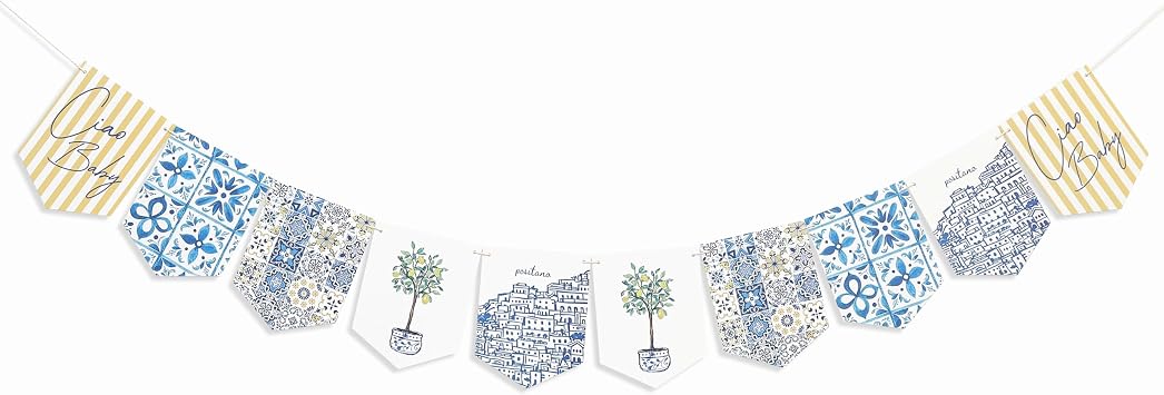 MAMUXI Ciao Baby Banner, Amalfi Coast Mediterranean Lemon and Tile Print, Baby Shower Decor, Rectangular, 10 Pieces, 9.8x80 Inches Amalfi Coast Ciao Baby Banner