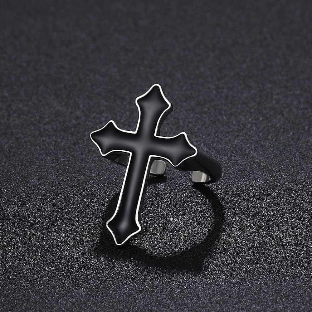 Punk Black Cross Faith Statement Open Ring for Women Men Unisex Expandable Enamel Prayer Blessed Adjustable Finger Rings Band Vintage Gothic Jewelry Gifts Engagement