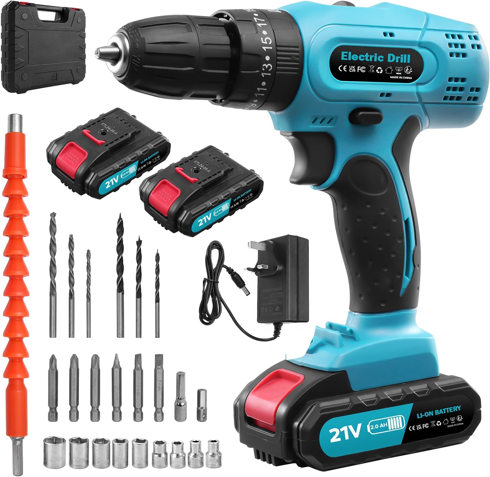 21V Cordless Drill Driver, 2 Variable Speed Electric Combi Drills 25+3 Torque 2000mAh Battery Power Drills Machine with LED Light, 50Nm Cordless Drill and Screwdriver Set for Driving&Drilling