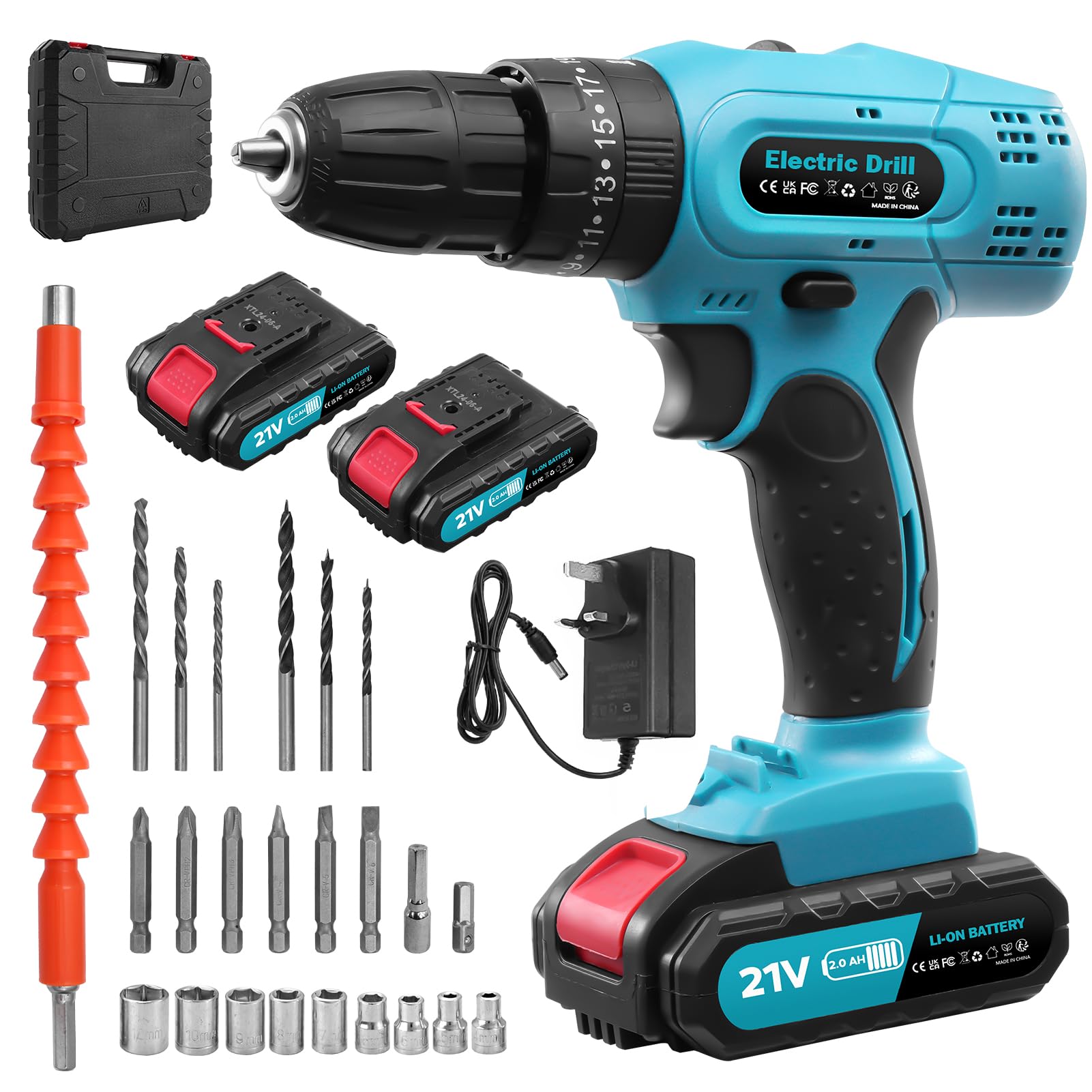 Worshow Blue + Black Cordless Drill Driver 21V, 50N.m Electric Screwdriver Set, 25+3 Torque Cordless Hammer Drill, 2 Speed, 2×2.0Ah Battery, 3/8'' Keyless Chuck, Combi Drill With Light For Home Garden Diy Project