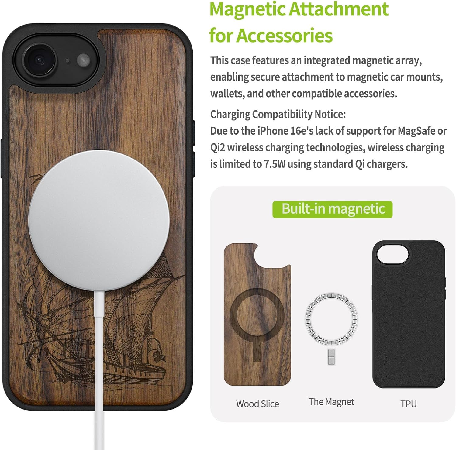 Carveit Magnetic Wooden Case for iPhone 16e / 17e, Solid Wood & Black TPU, Artisan Engraved Design, Shockproof Cover, Compatible with MagSafe Wireless Chargers, Pirate Ship - Walnut