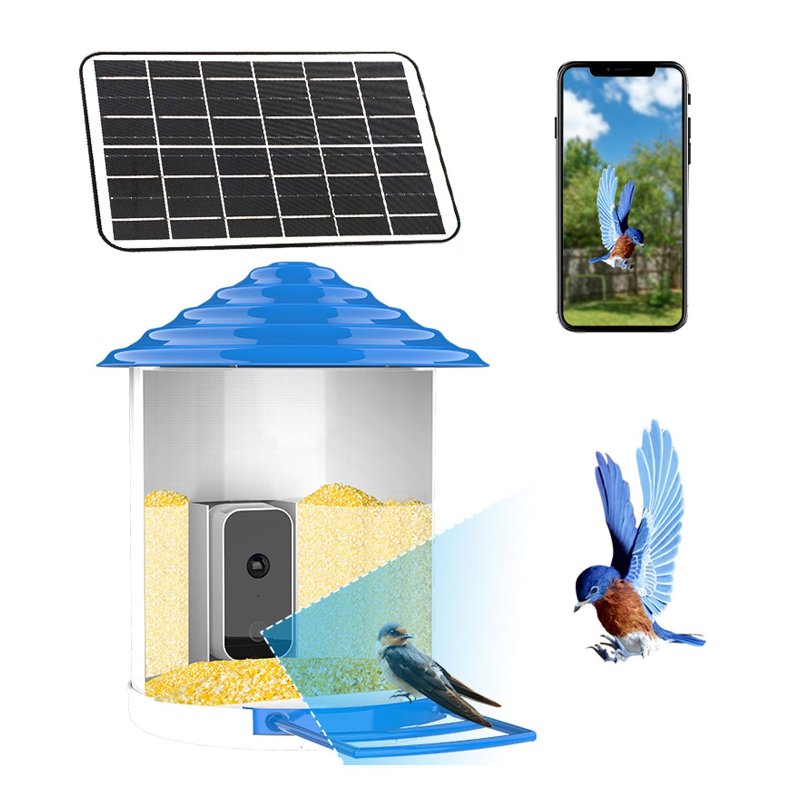 Vogelhaus mit Kamera, Wilde Vogelfutterspender Bird Feeder mit KI Erkennung, 4G LTE Fernbedienung, 1080p Nachtsicht, Bewegungserkennung, Solarbetriebener Wasserdicht (A)