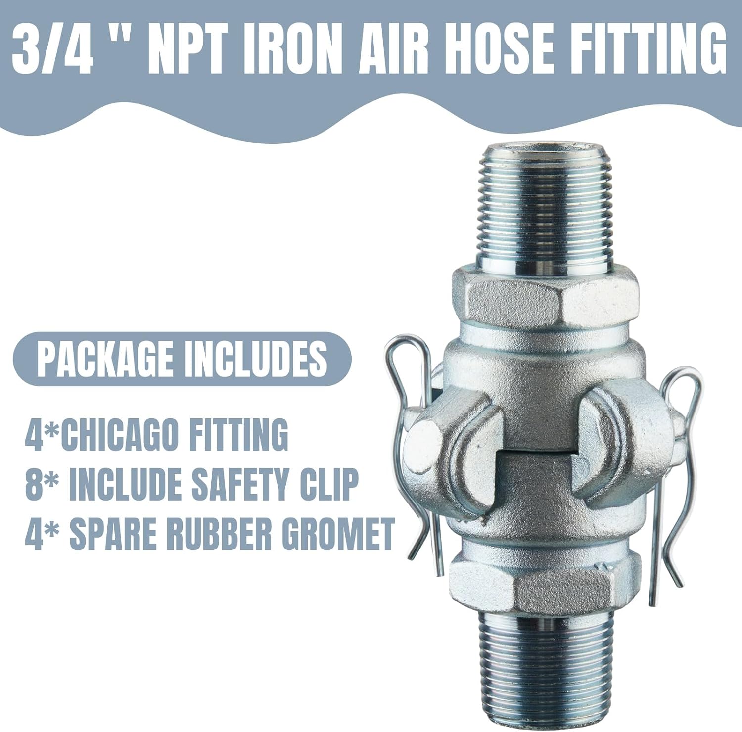 Therwen 4 Sets 3/4 Inch Chicago Air Fittings Npt Iron Air Hose Fitting 2 Lug Universal Coupling for Female and Male End(Male End)