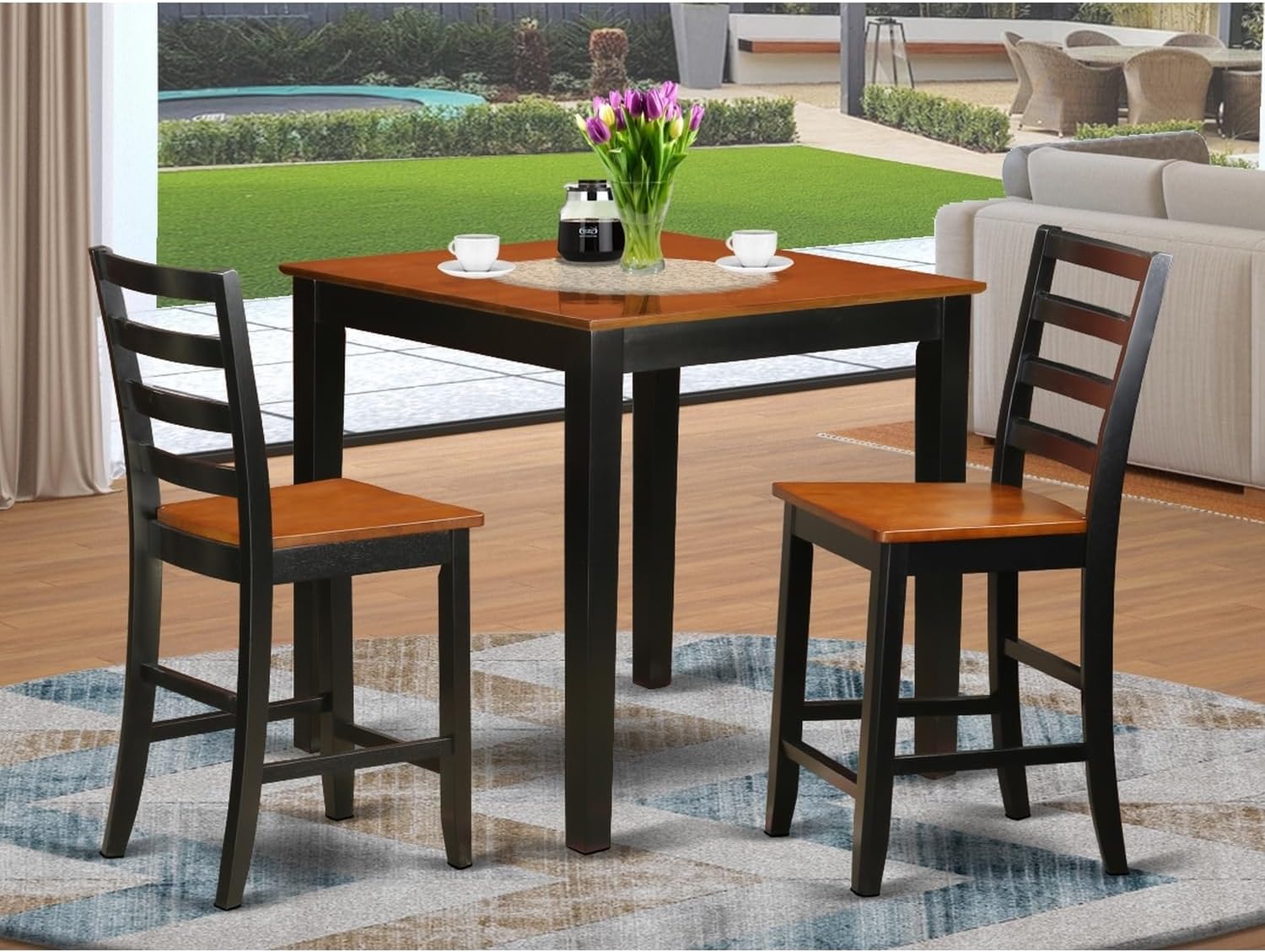 Counter Height Dining Set - 3 Piece Table & Chairs - Small Space Dining Room Furniture - Black & Cherry Finish
