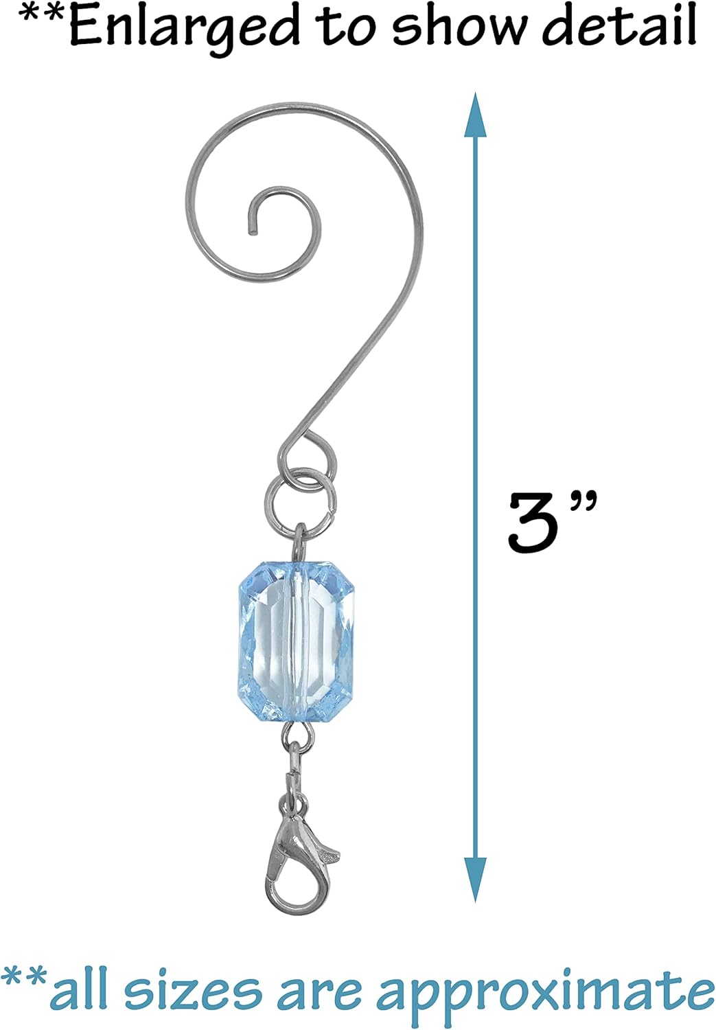 BANBERRY DESIGNS Christmas Ornament Hooks - Light Blue Acrylic Jewel - Silver Wire Ornament Hooks - Pack of 60 - Includes Handy Storage Bag - 3" L