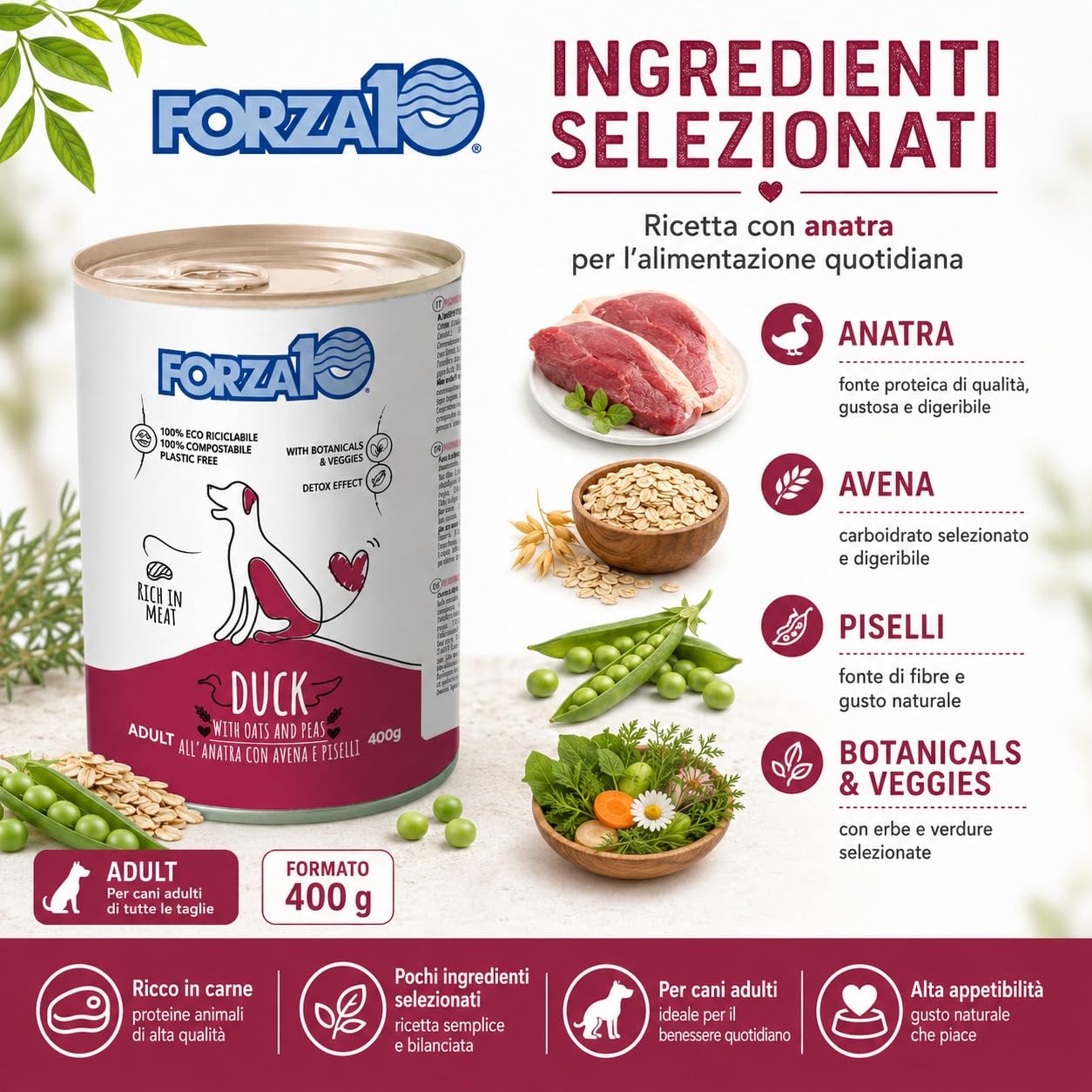 Anatra,Avena e Piselli – Forza10 Cibo Umido per Cani Adulti di tutte le Taglie e Razze, Monoproteico, 12 Lattine x 400g, Alimento Completo Ricco in Carne.
