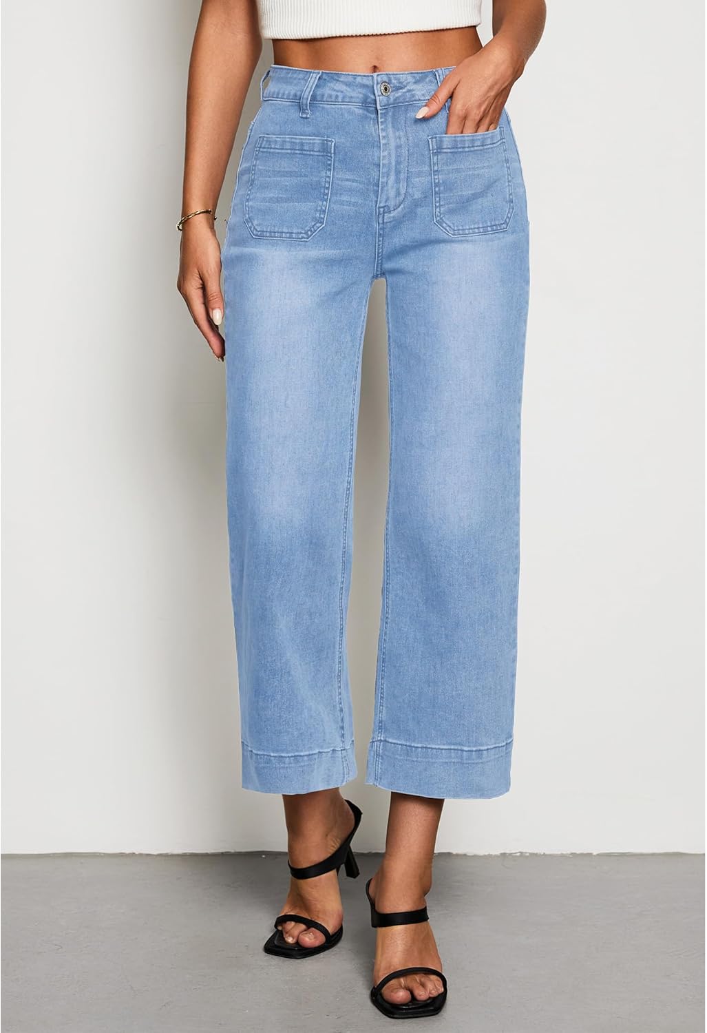 LookbookStore Wide Leg Cropped Jeans for Women High Waisted Stretchy Denim Jean Pants Baggy Flare Trouser Jeans Pockets - Image 2