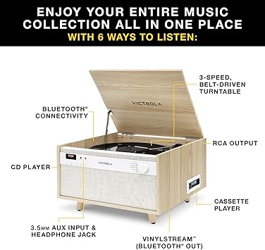 Victrola Century 6-in-1 Vinyl Record Player & Music Center 3-Speed Turntable, CD & Cassette Player, VINYLSTREAM, Bluetooth & 3.5mm Aux, Record Player with Speakers, Mid Century Design (Black)