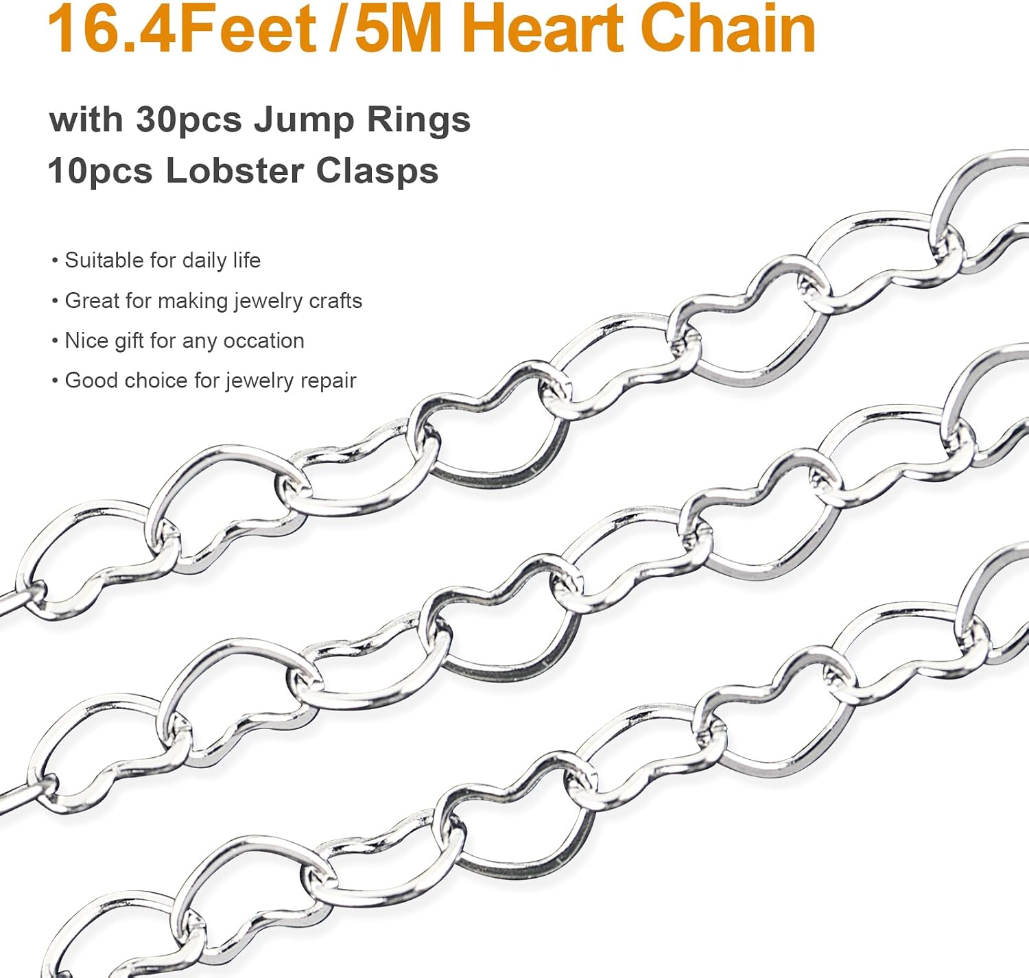 Kyutong 16.4FT/5M Silver Jewelry Chain Roll Stainless Steel Chains for Jewelry Making Hollow Heart Link Chains Bulk with Lobster Clasps Jump Rings for Jewelry Crafting Supply Jewelry Findings