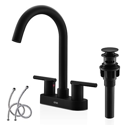 KENES 4 Inch 2 Handle Centerset Matte Black Bathroom Faucet, Modern Commercial Two Handle Black Bathroom Sink Faucet, with Pop Up Sink Drain and Two Water Supply Lines, KE-9019-2