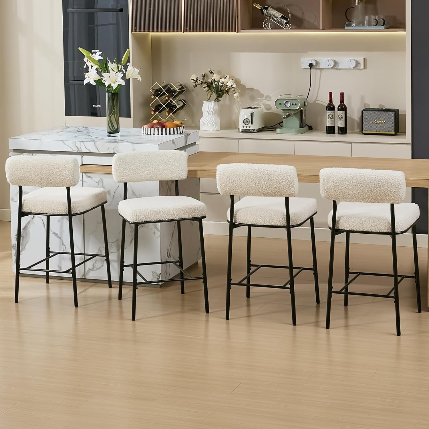 SAECKBERG 26" Counter Height Bar Stools Set of 4, Upholstered Barstools with Backs, White Boucle Fabric, Metal Bar Height Chairs, Mid Century Modern Counter Stools for Kitchen Island
